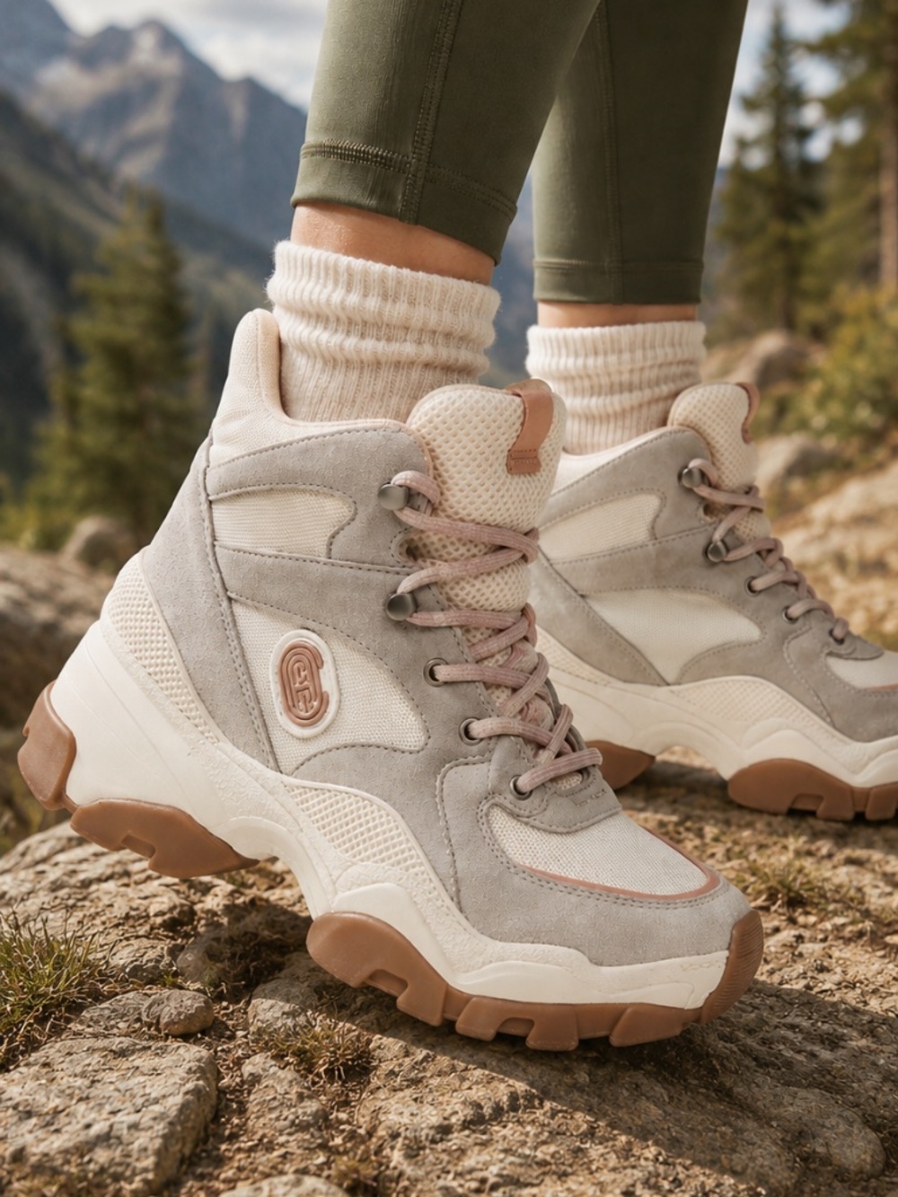 Coach C265 Hiker Sneakers High Cut Hiker Boot Platform Light Grey Pink Size 6